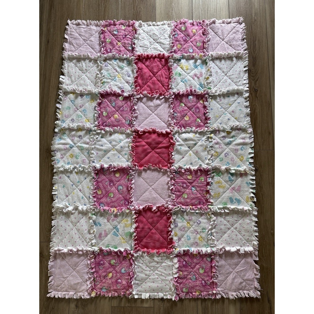 Handmade Baby Rag Quilt Blanket Pink Flannel Patchwork Lovey 35x50